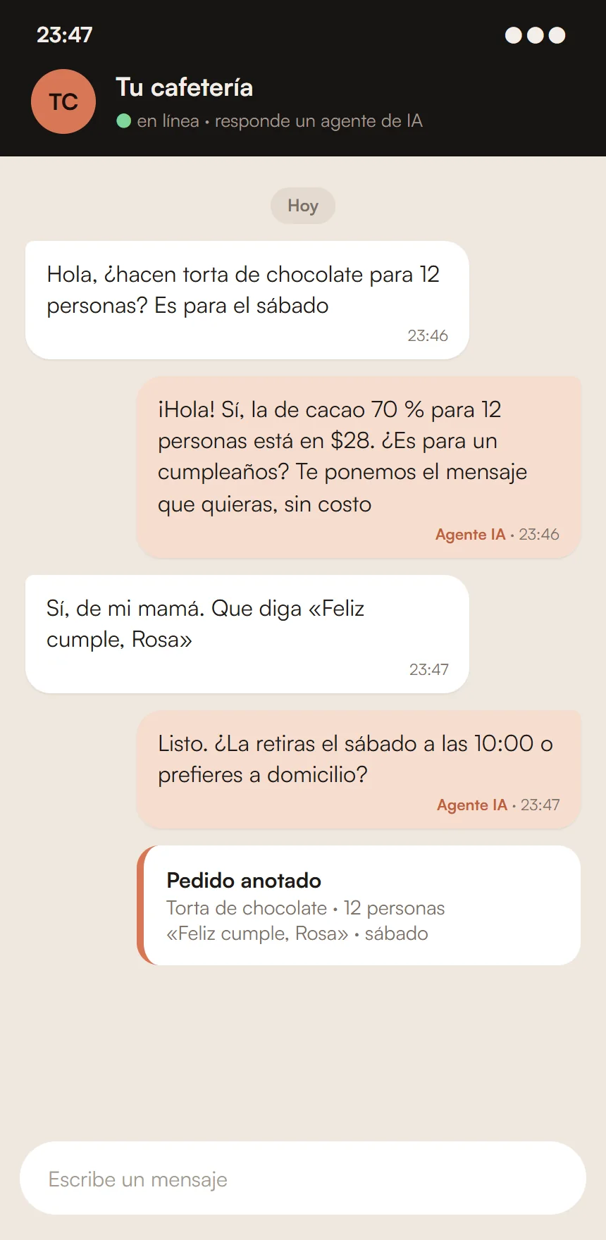 Chat de ejemplo: un agente de IA toma el pedido de una torta a las 23:47