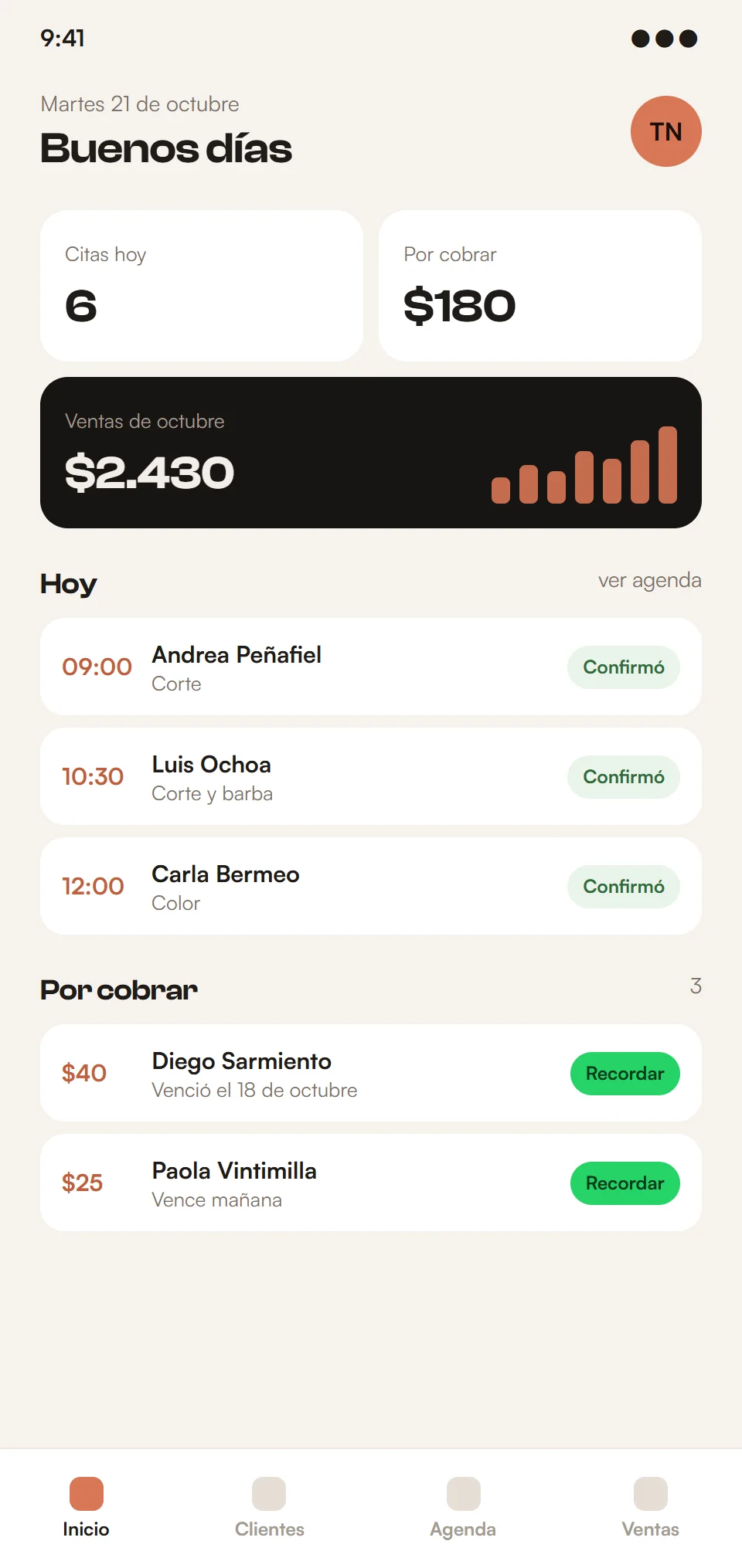 Pantalla de inicio de una app de gestión, con datos de ejemplo